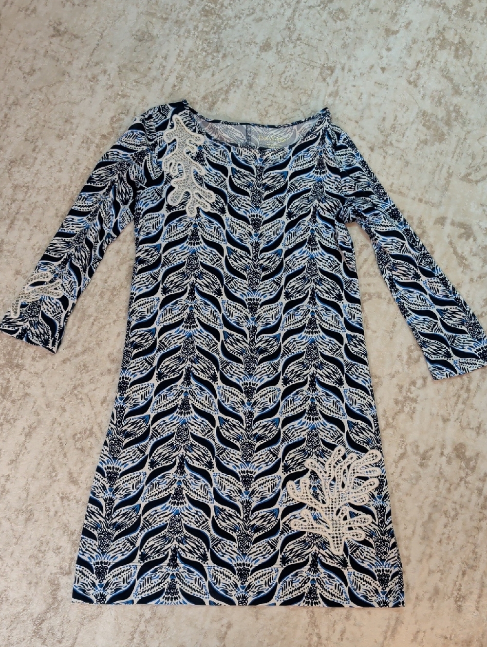 Lilly Pulitzer Navy and White Midi Dress with Cream Lace Accents